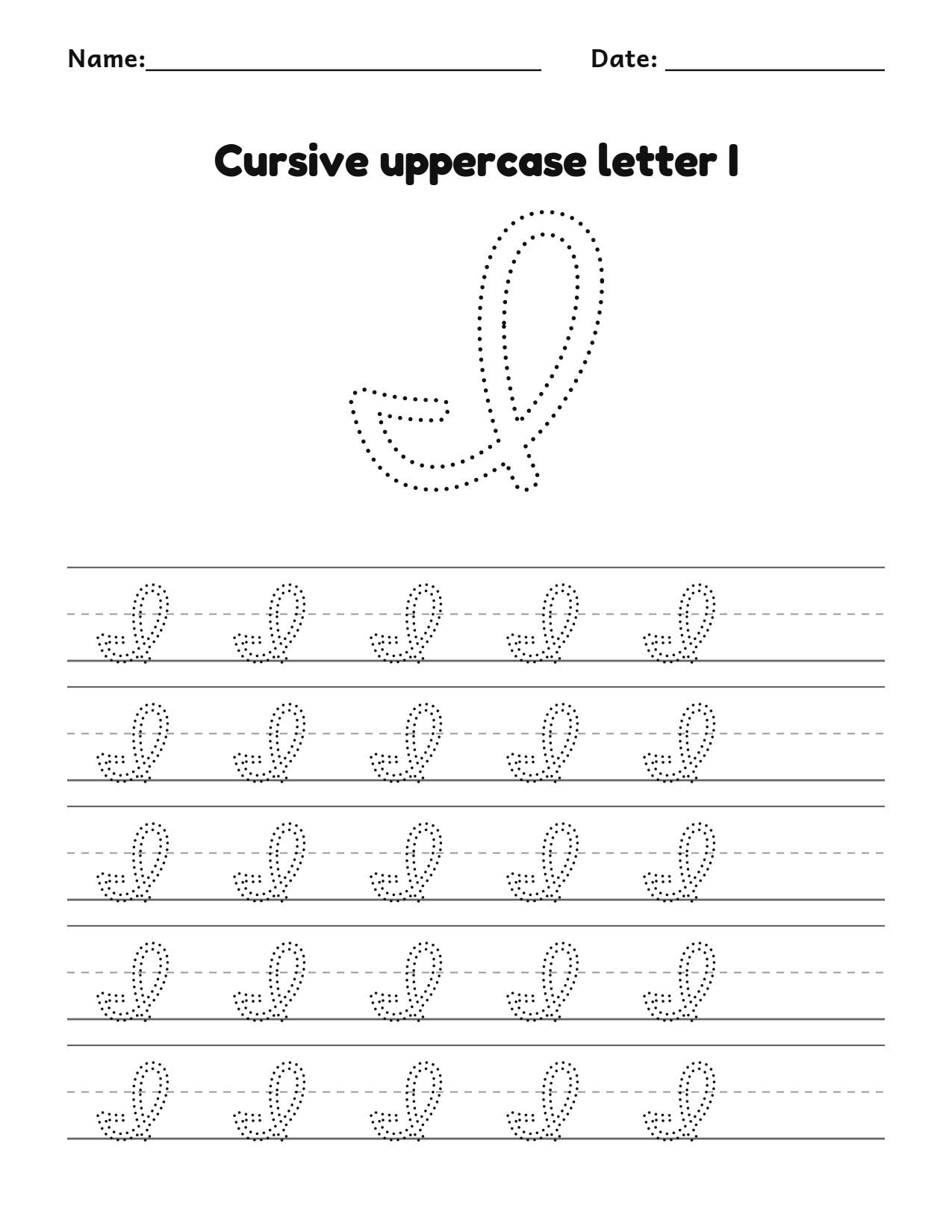 Cursive uppercase letter I handwriting practice worksheet with dotted letters and writing lines