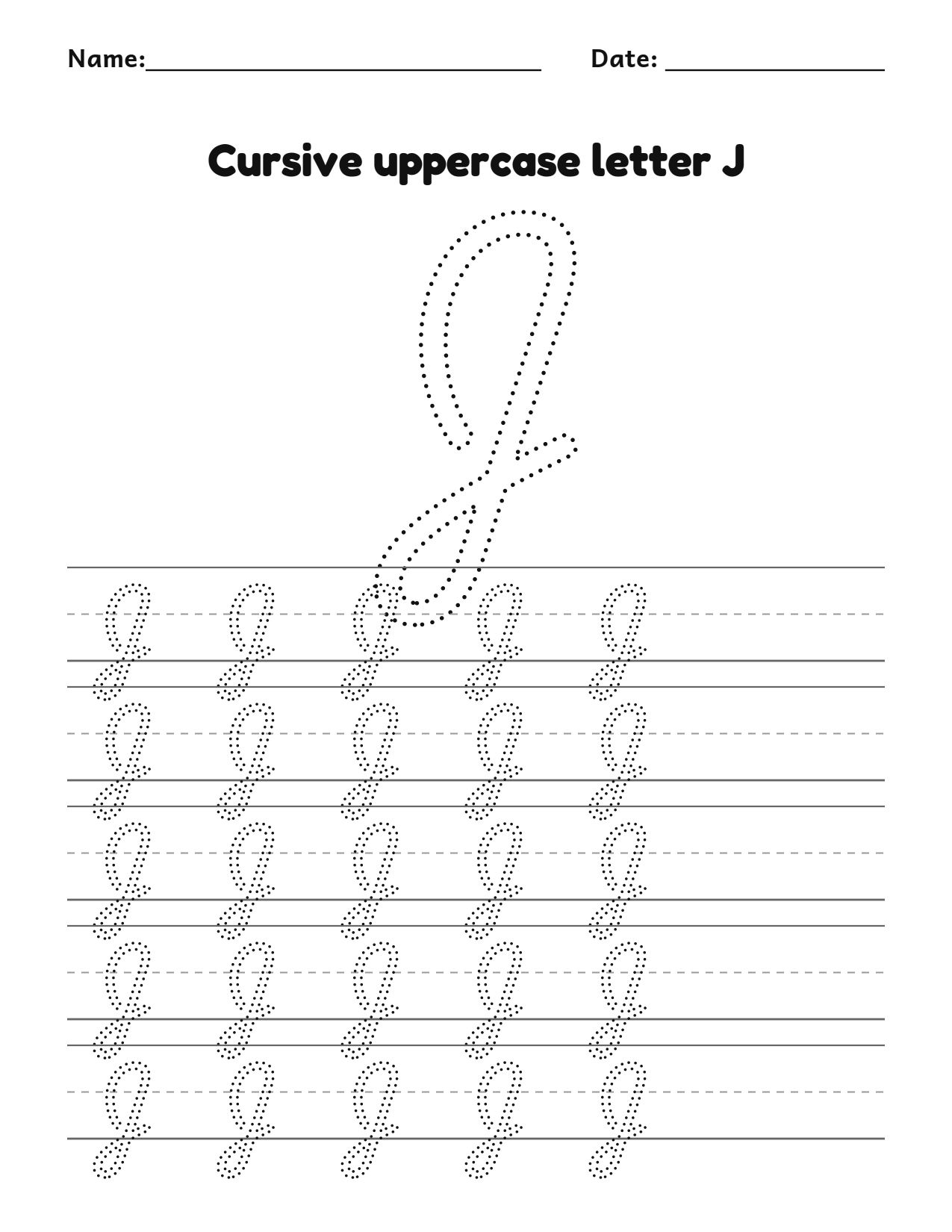 Cursive uppercase letter J handwriting practice worksheet with dotted letters and writing lines