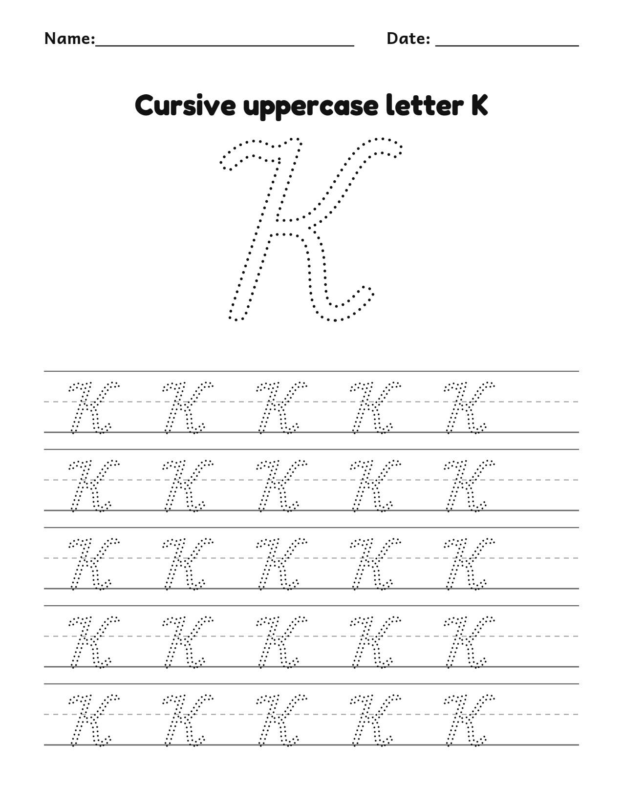 Cursive uppercase letter K handwriting practice worksheet with dotted letters and writing lines