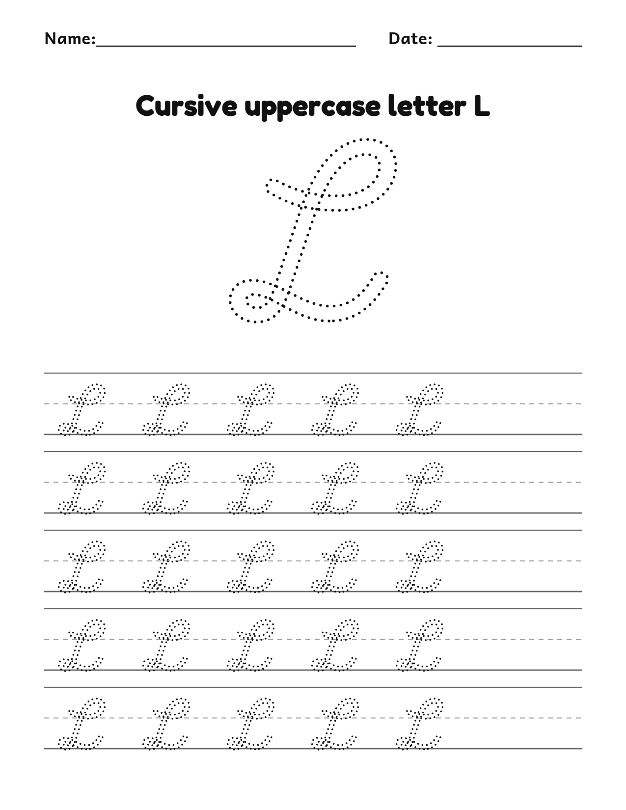 Cursive uppercase letter L handwriting practice worksheet with dotted letters and writing lines