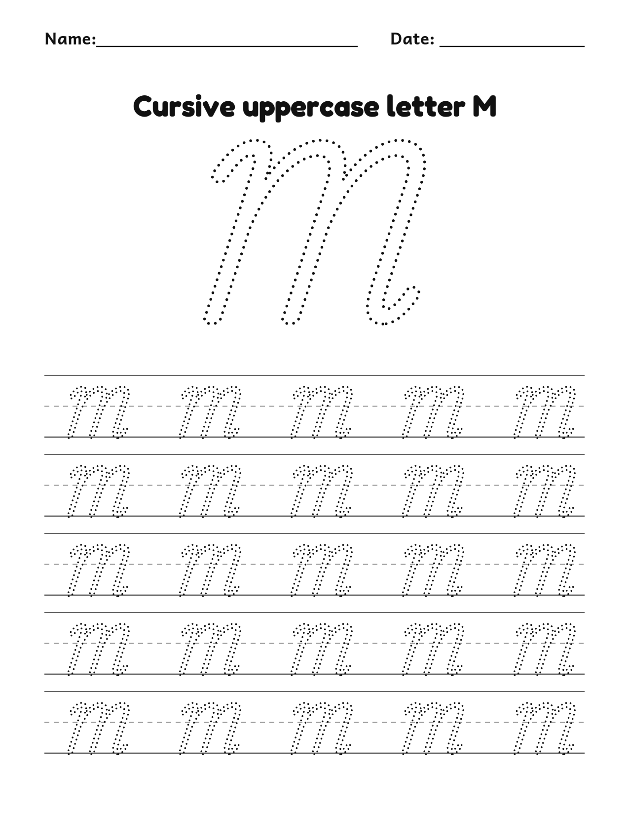 Cursive uppercase letter M handwriting practice worksheet with dotted letters and writing lines
