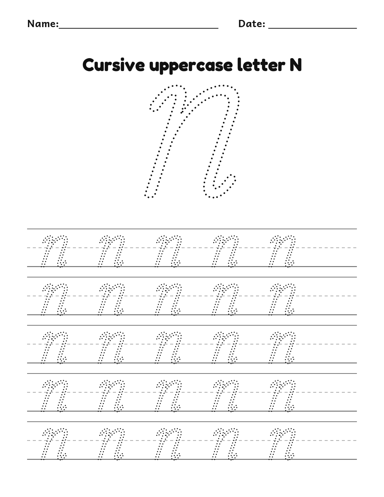 Cursive uppercase letter N handwriting practice worksheet with dotted letters and writing lines