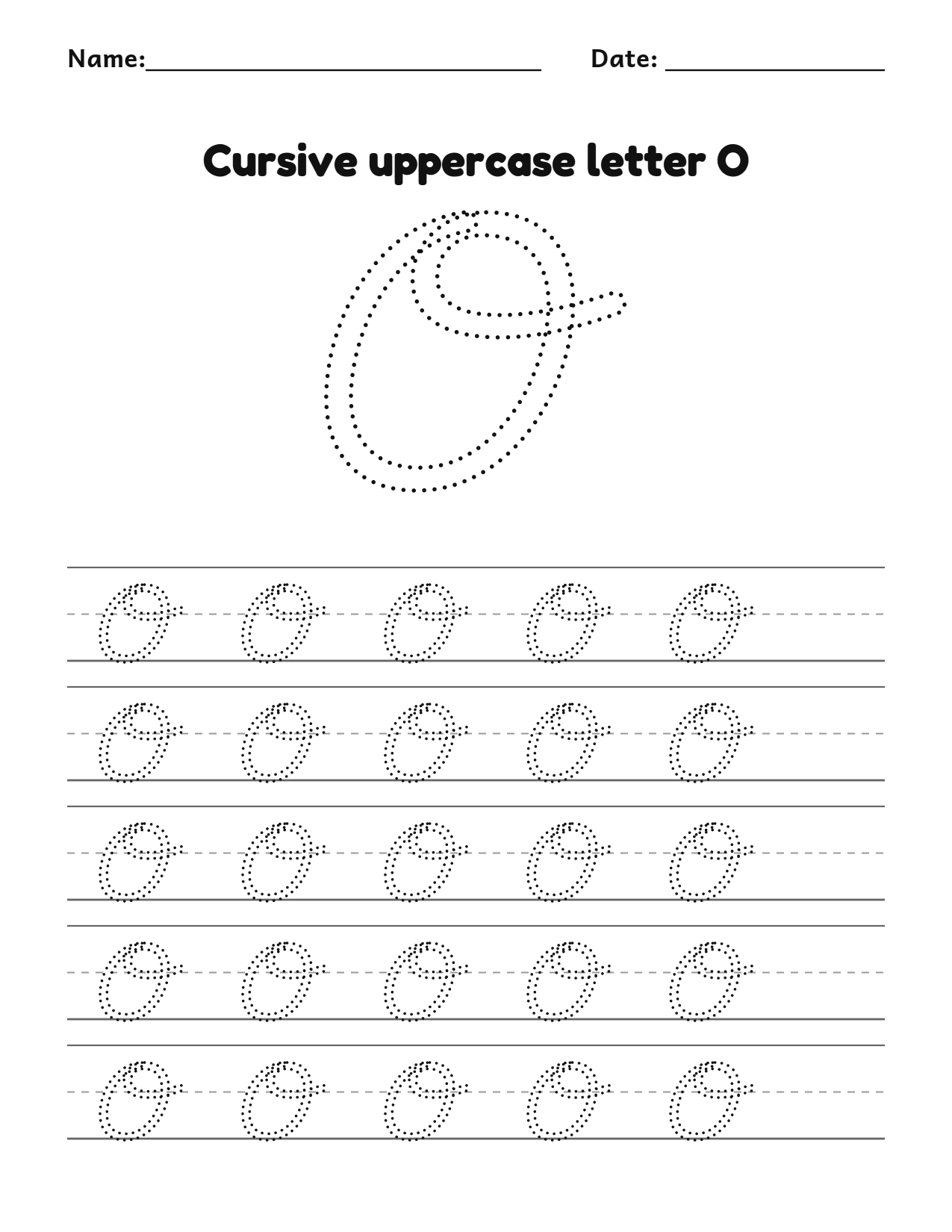 Cursive uppercase letter O handwriting practice worksheet with dotted letters and writing lines