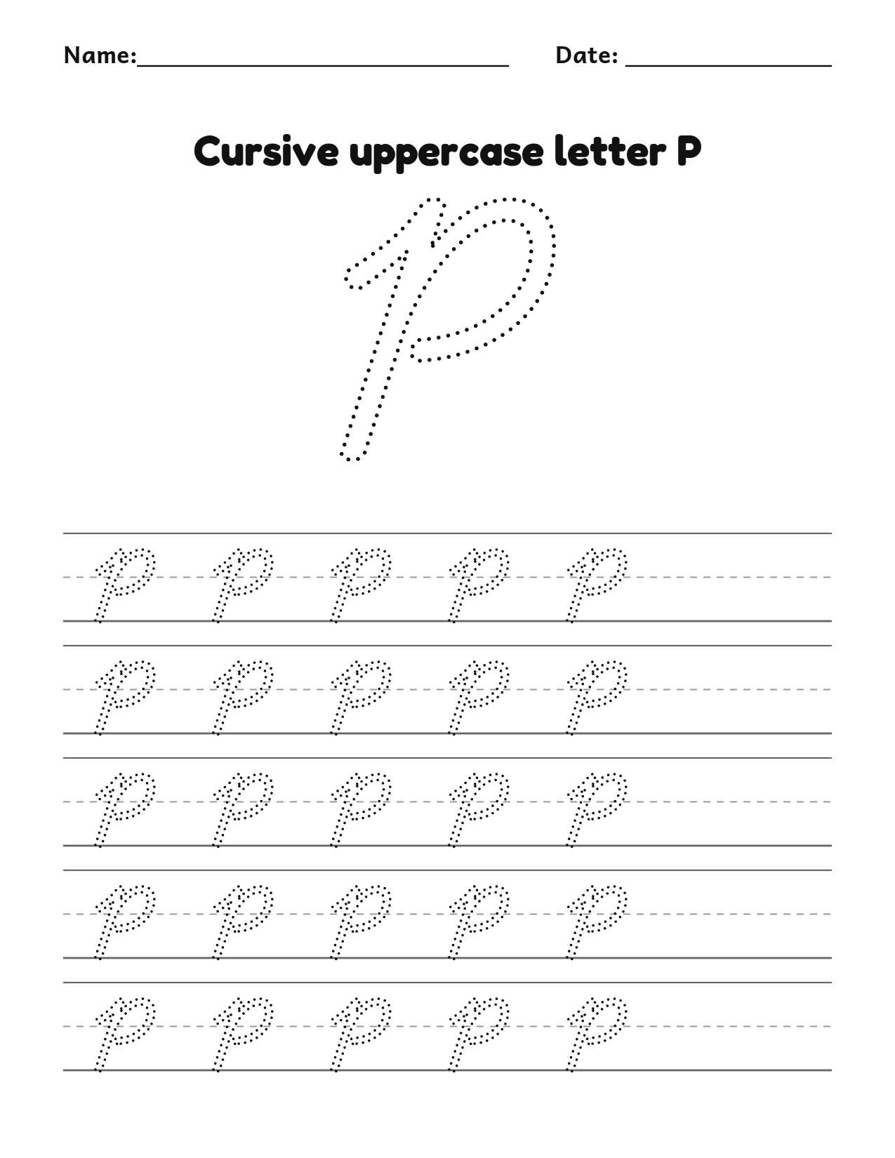 Cursive uppercase letter P handwriting practice worksheet with dotted letters and writing lines