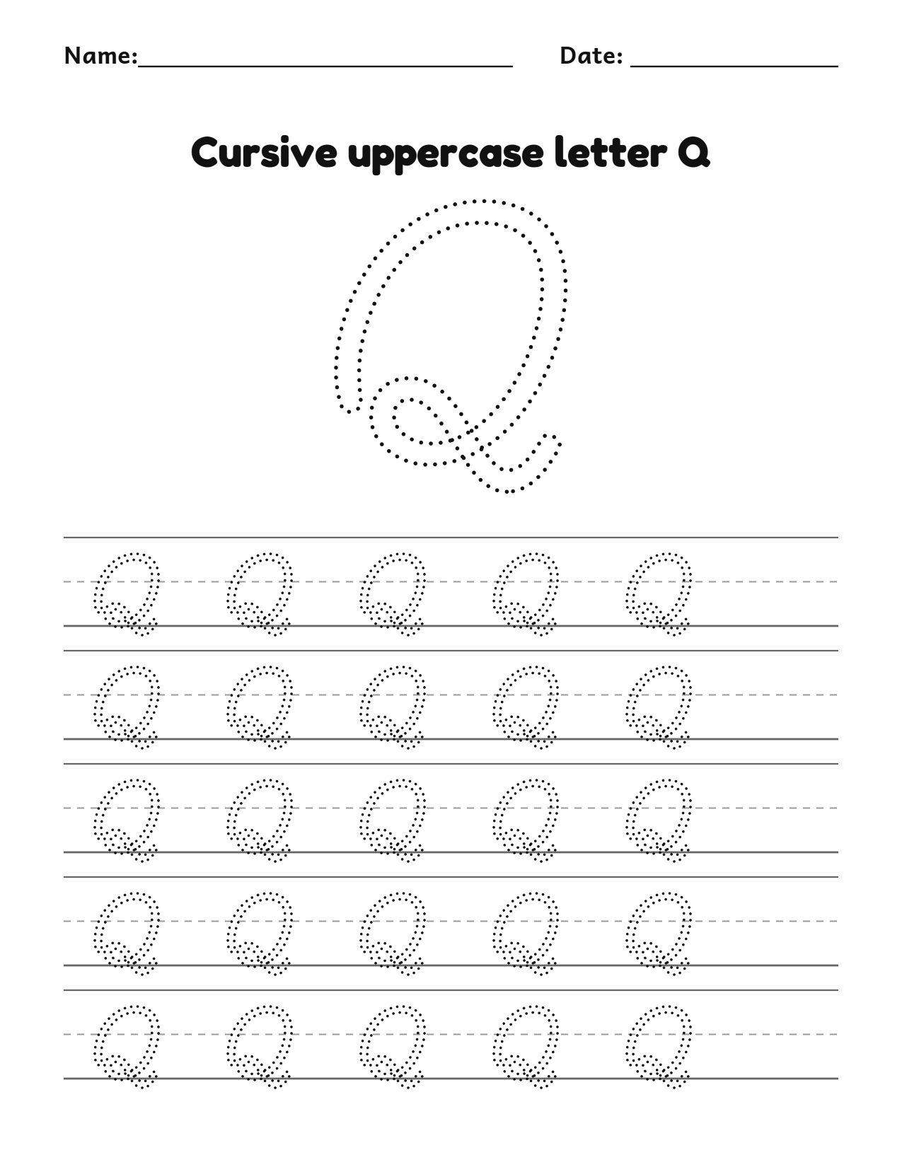 Cursive uppercase letter Q handwriting practice worksheet with dotted letters and writing lines