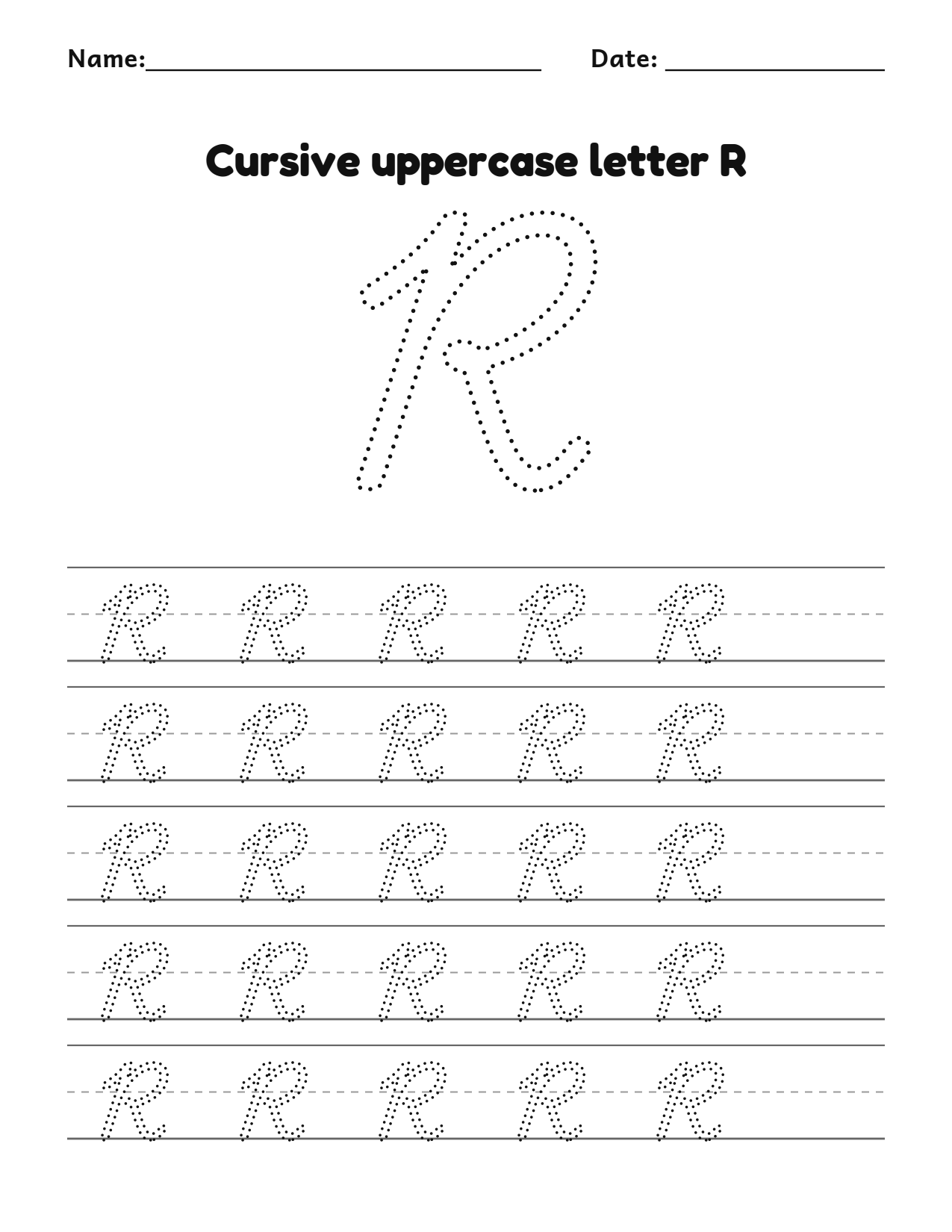 Cursive uppercase letter R handwriting practice worksheet with dotted letters and writing lines