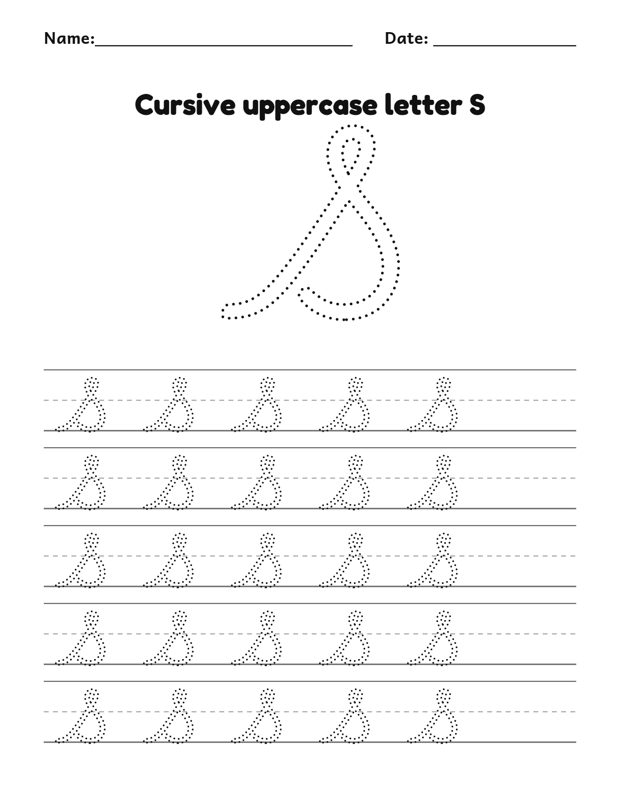 Cursive uppercase letter S handwriting practice worksheet with dotted letters and writing lines