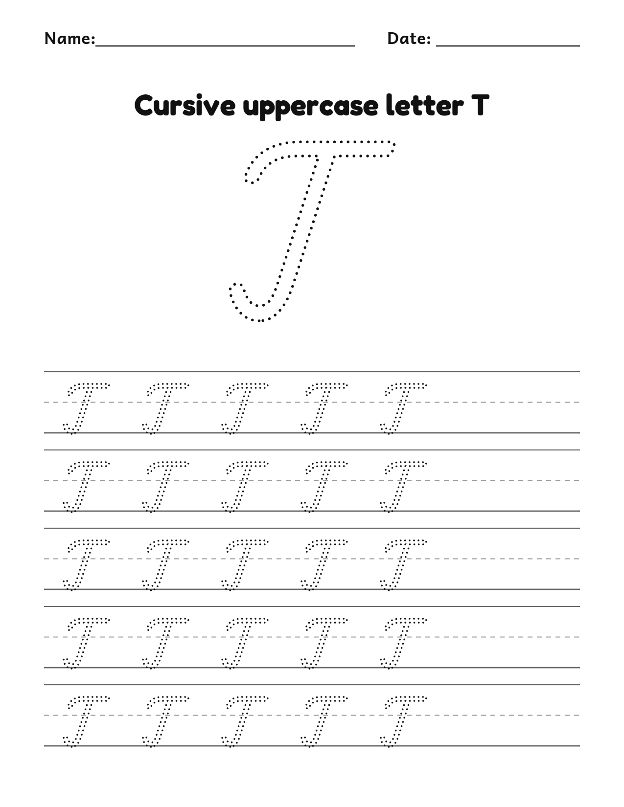 Cursive uppercase letter T handwriting practice worksheet with dotted letters and writing lines