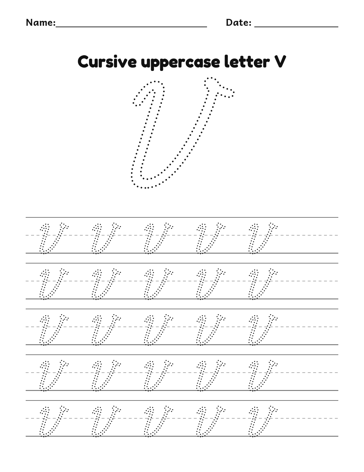 Cursive uppercase letter V handwriting practice worksheet with dotted letters and writing lines