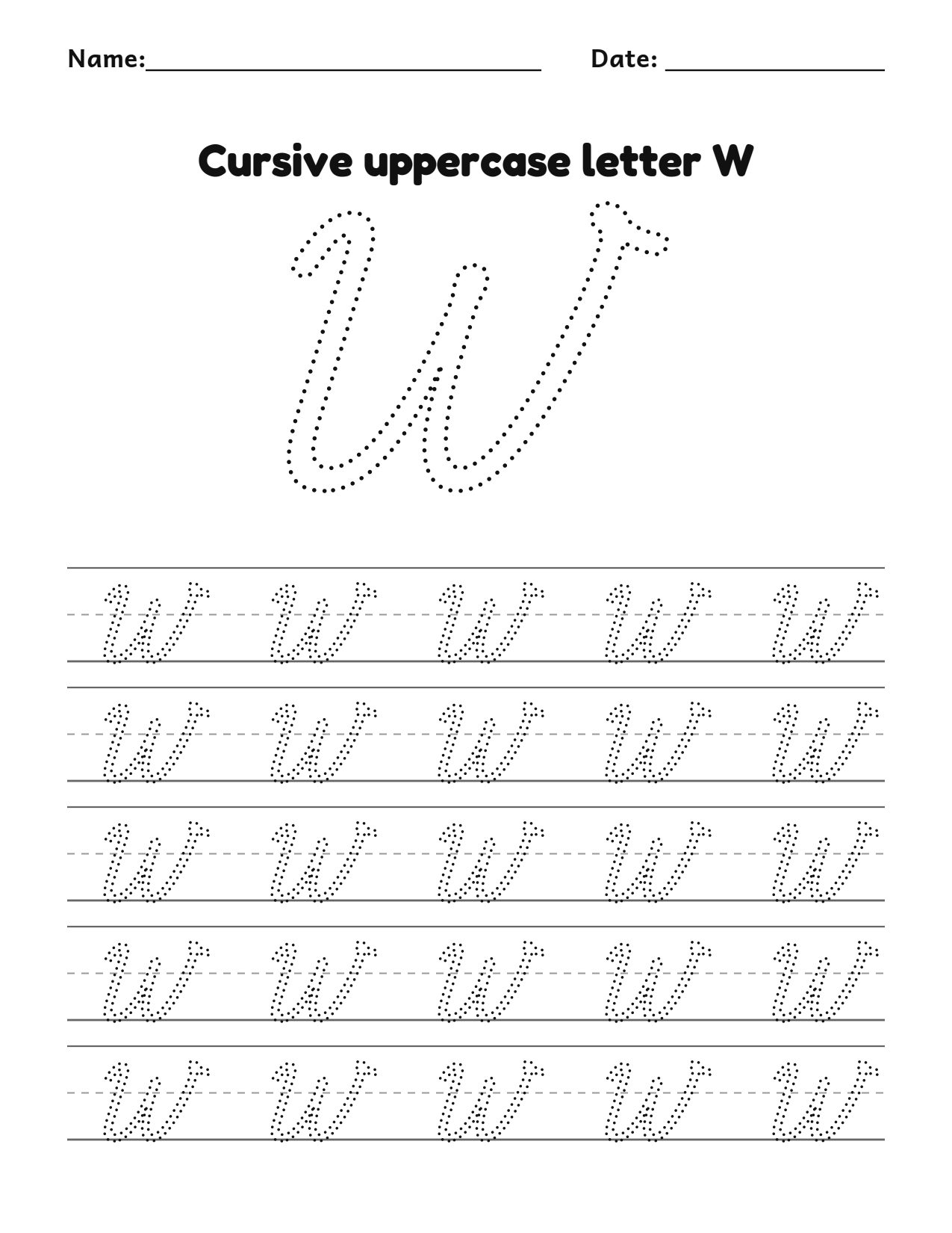 Cursive uppercase letter W handwriting practice worksheet with dotted letters and writing lines