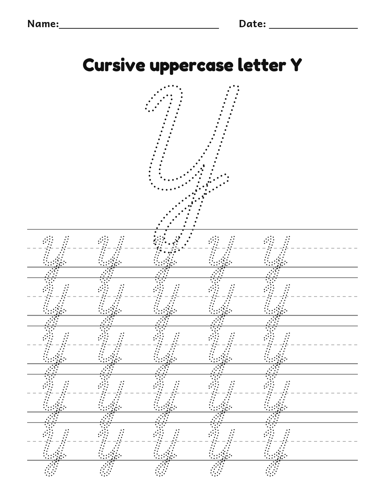 Cursive uppercase letter Y handwriting practice worksheet with dotted letters and writing lines
