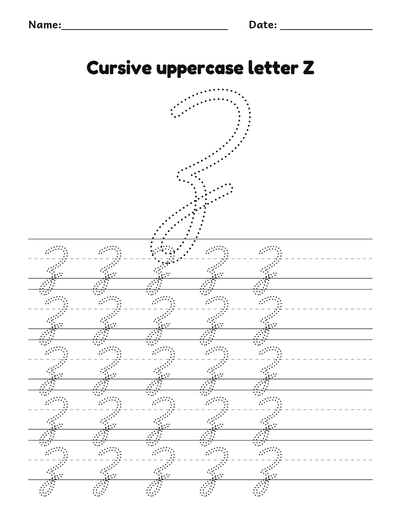Cursive uppercase letter Z handwriting practice worksheet with dotted letters and writing lines