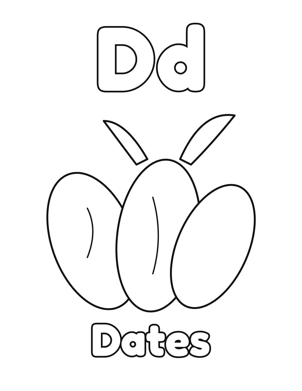 D is for Dates fruit and vegetable alphabet coloring page with dates to color