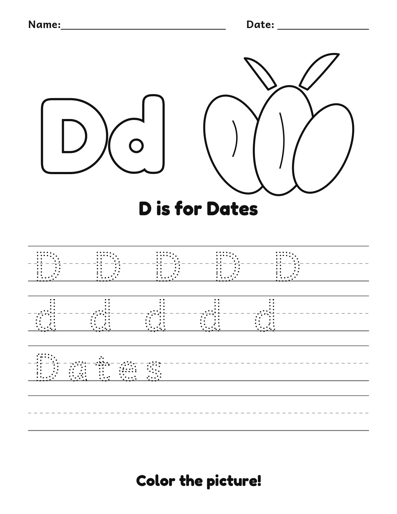 D is for Dates fruit and vegetable tracing worksheet with a dates picture and writing lines