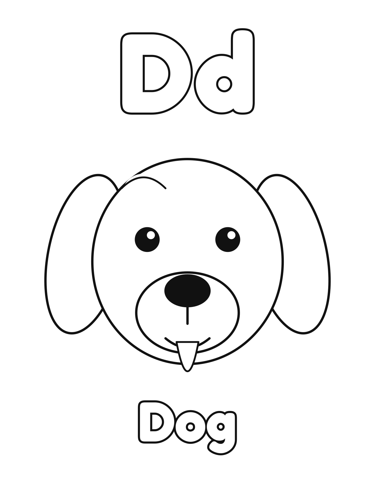 D is for Dog animal alphabet coloring page with a cute dog to color