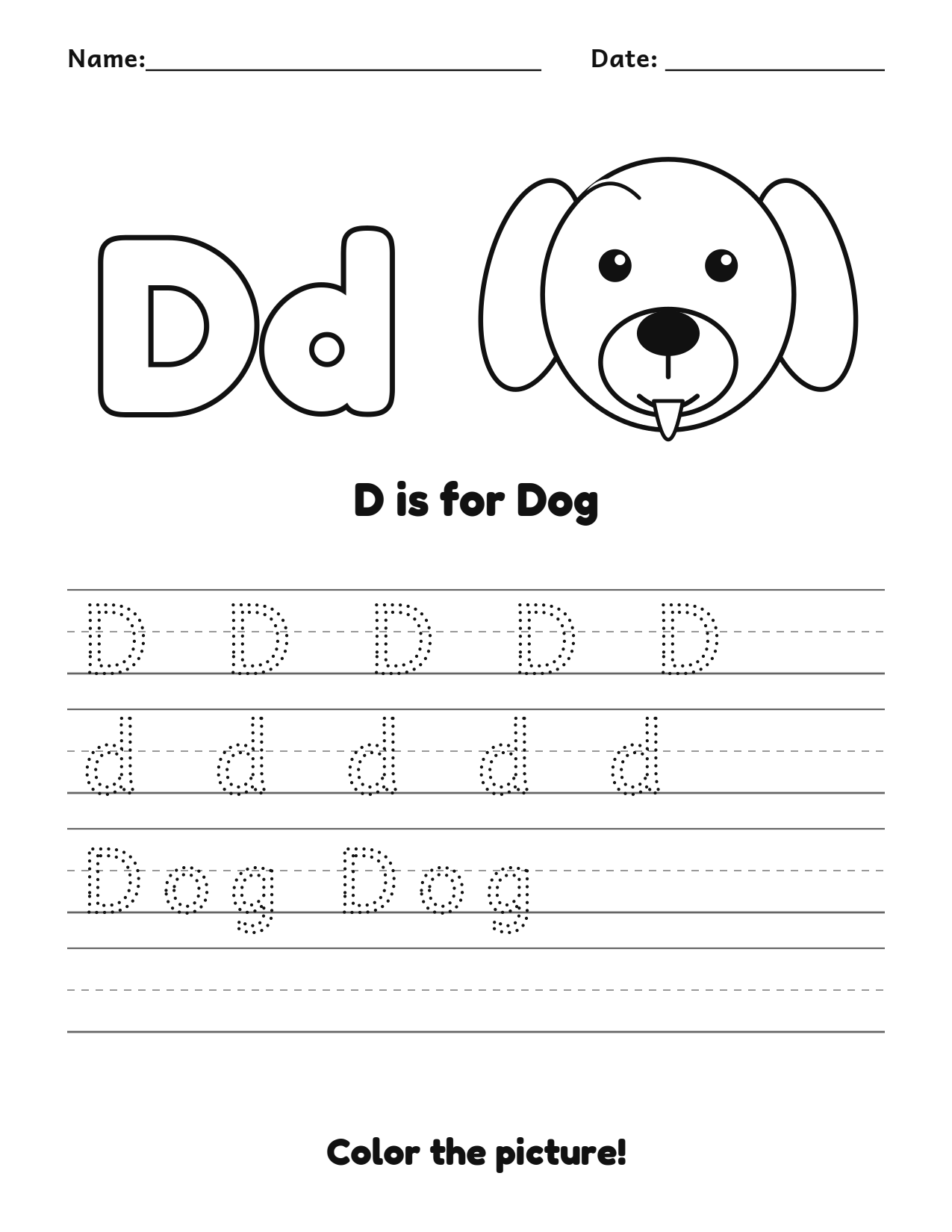 D is for Dog animal alphabet tracing worksheet with a dog picture and writing lines