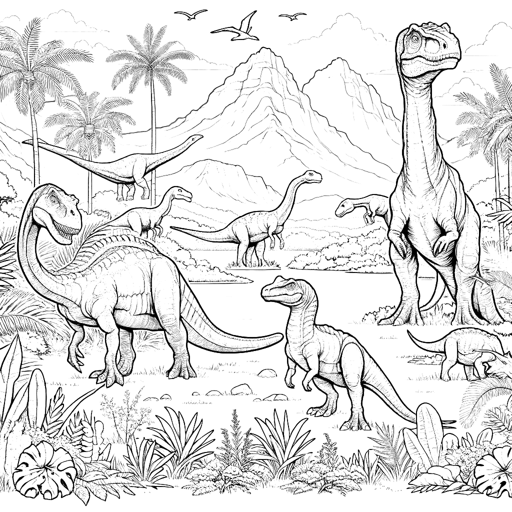 Free printable jungle dinosaur scene with T. rex and Brachiosaurus coloring page 1