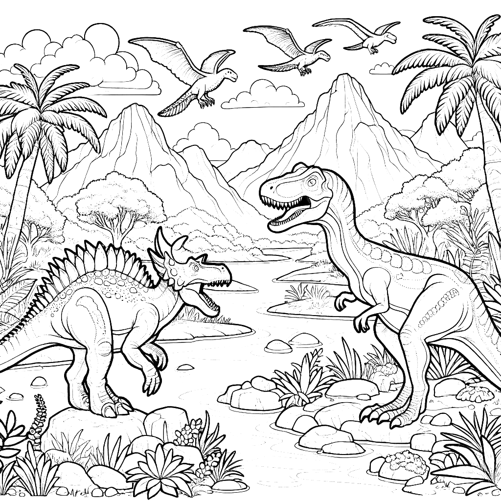 Free printable T. rex vs Spinosaurus dinosaur coloring page 1