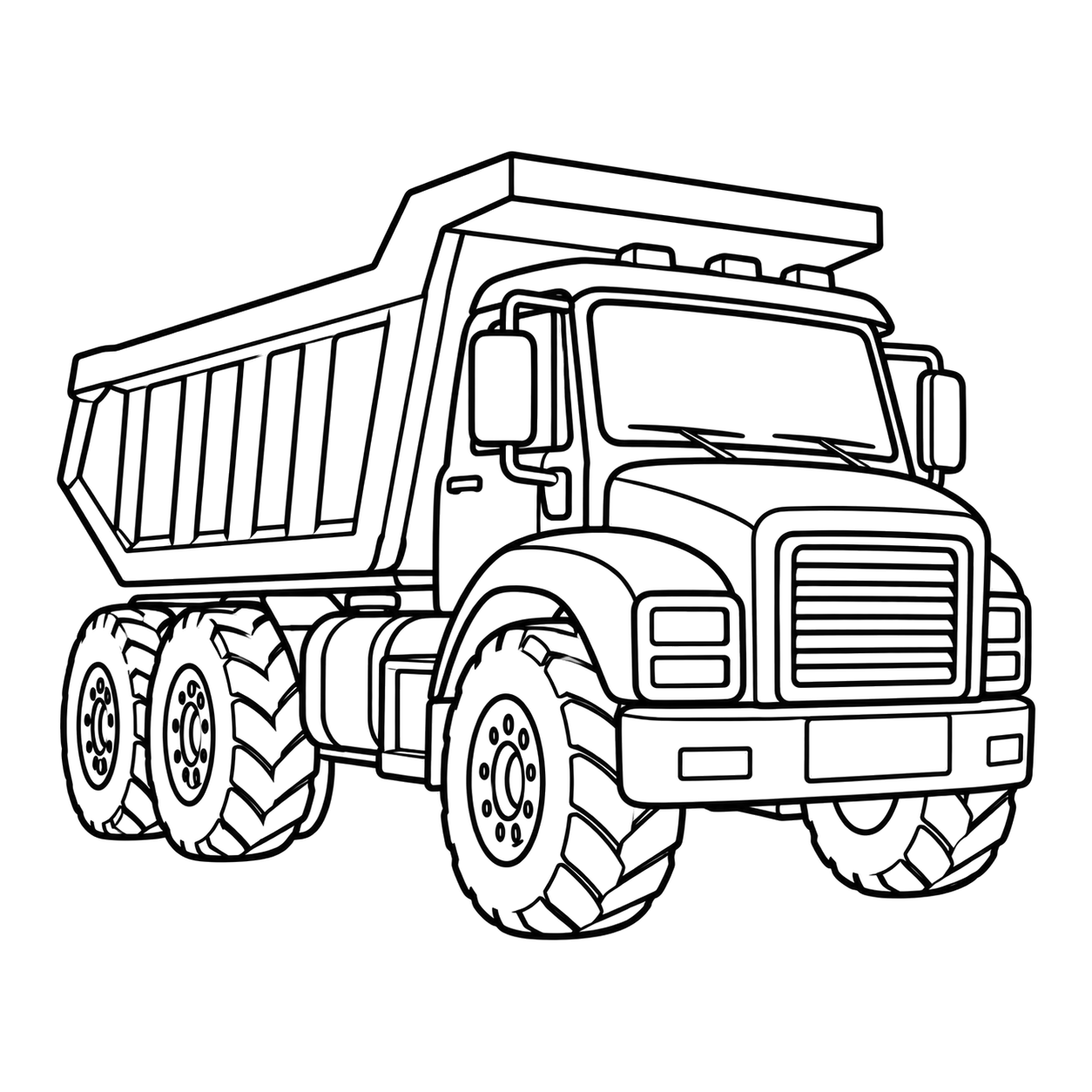 Dump truck coloring page 1: a dump truck with a tipping bed and big tires to print and color
