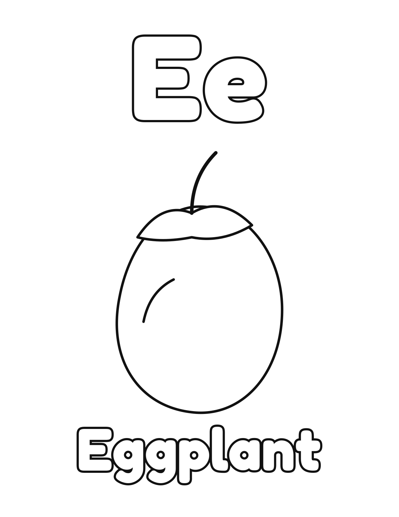 E is for Eggplant fruit and vegetable alphabet coloring page with eggplant to color