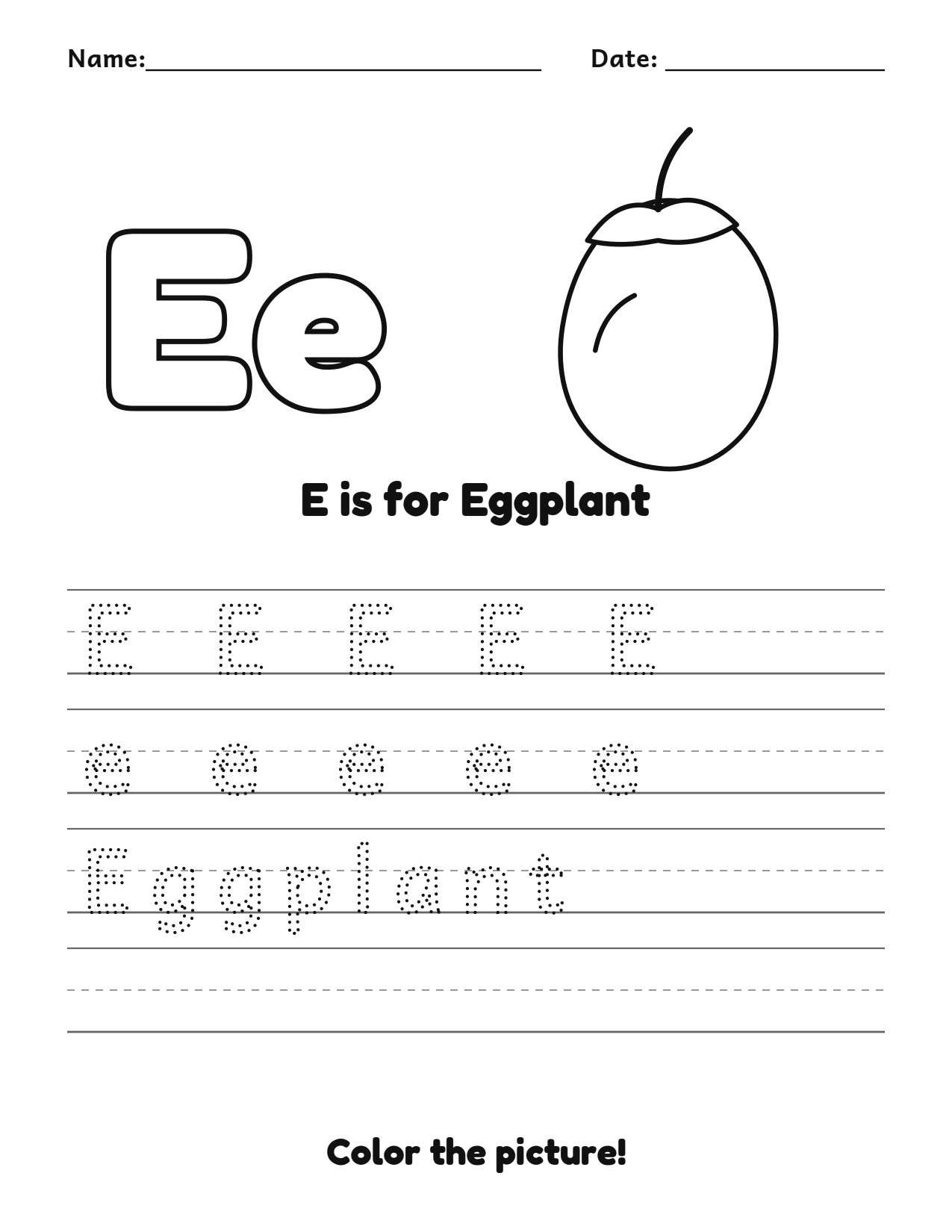 E is for Eggplant fruit and vegetable tracing worksheet with a eggplant picture and writing lines