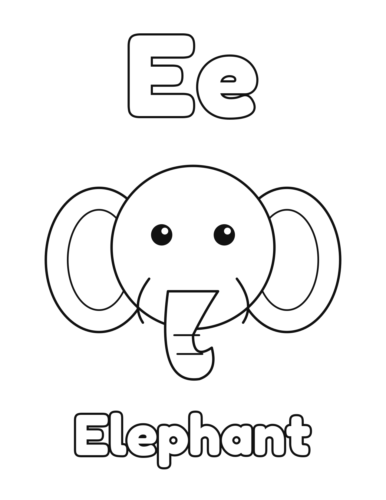 E is for Elephant animal alphabet coloring page with a cute elephant to color