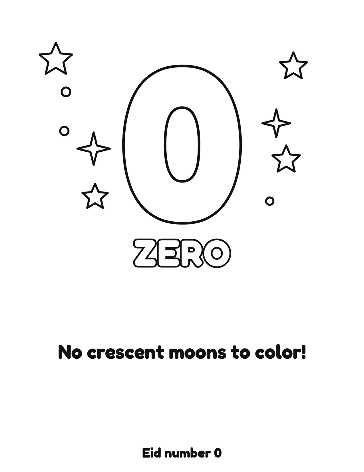 Eid number 0 (zero) coloring page with 0 crescent moons and stars to color