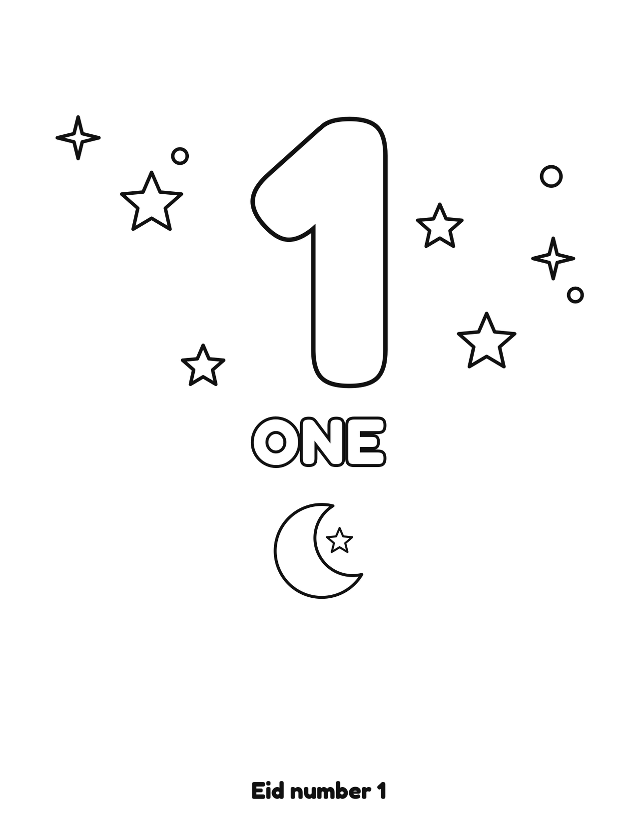 Eid number 1 (one) coloring page with 1 crescent moons and stars to color