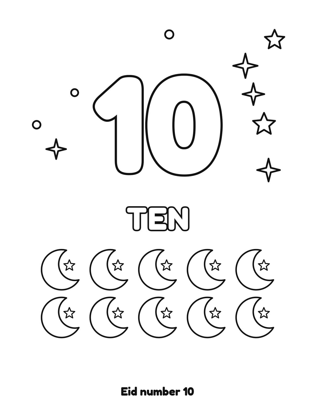Eid number 10 (ten) coloring page with 10 crescent moons and stars to color
