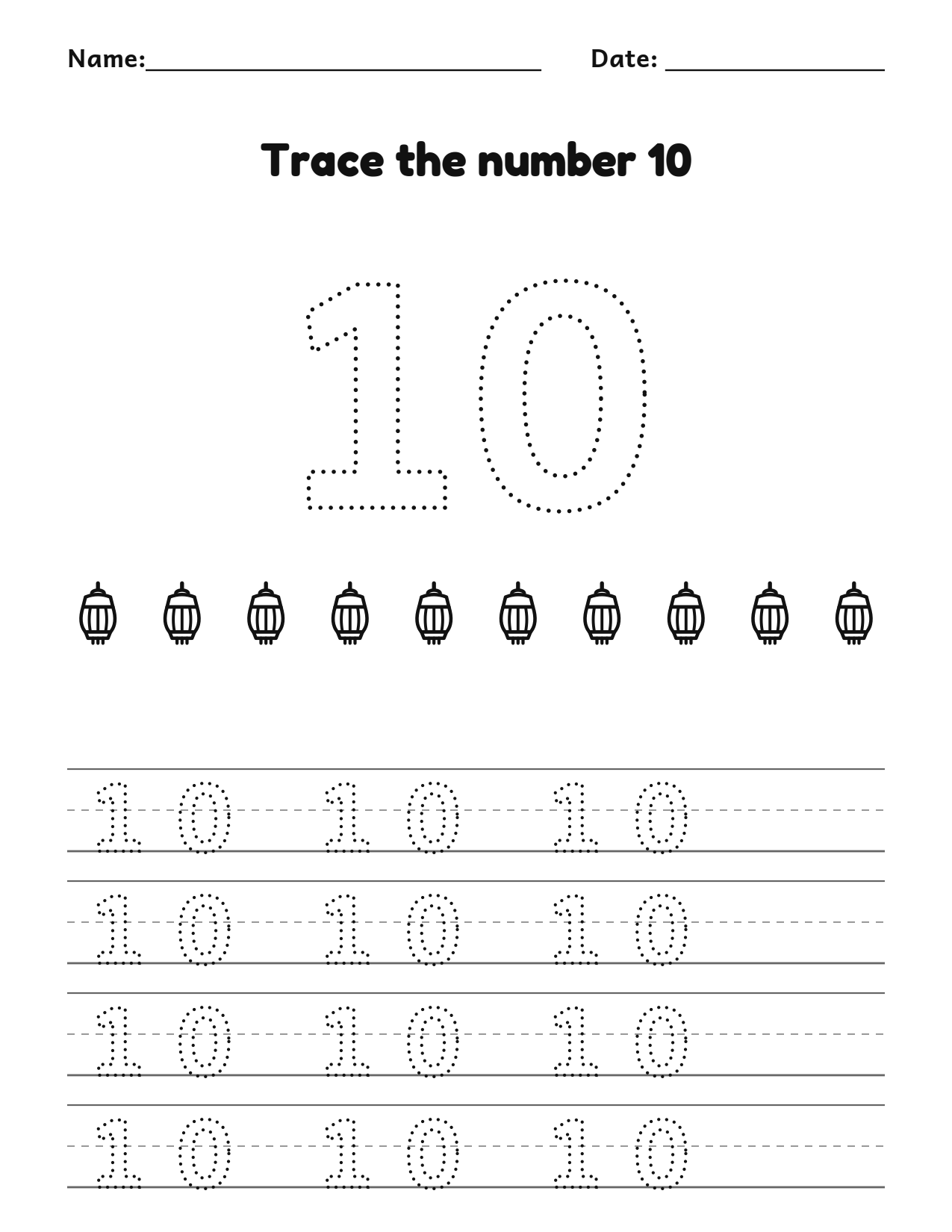 Eid number 10 (ten) tracing worksheet with 10 lanterns and writing lines