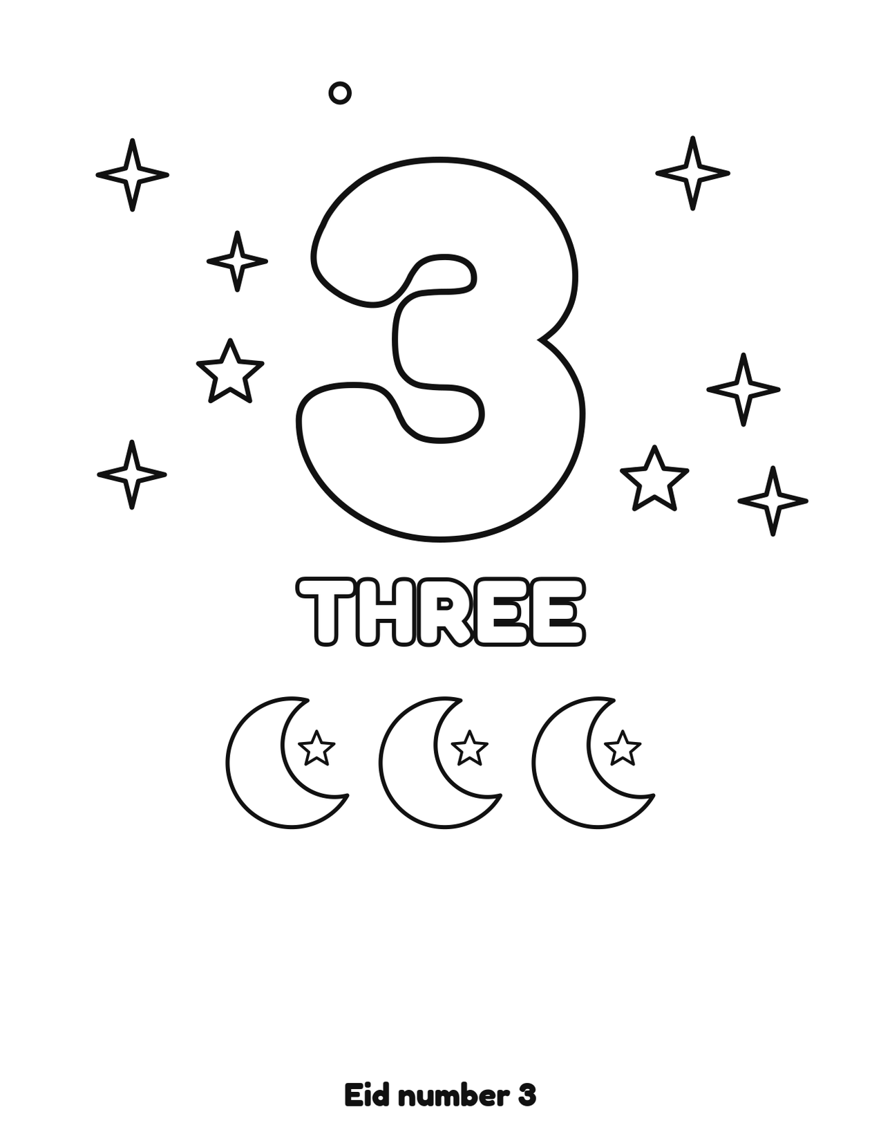 Eid number 3 (three) coloring page with 3 crescent moons and stars to color