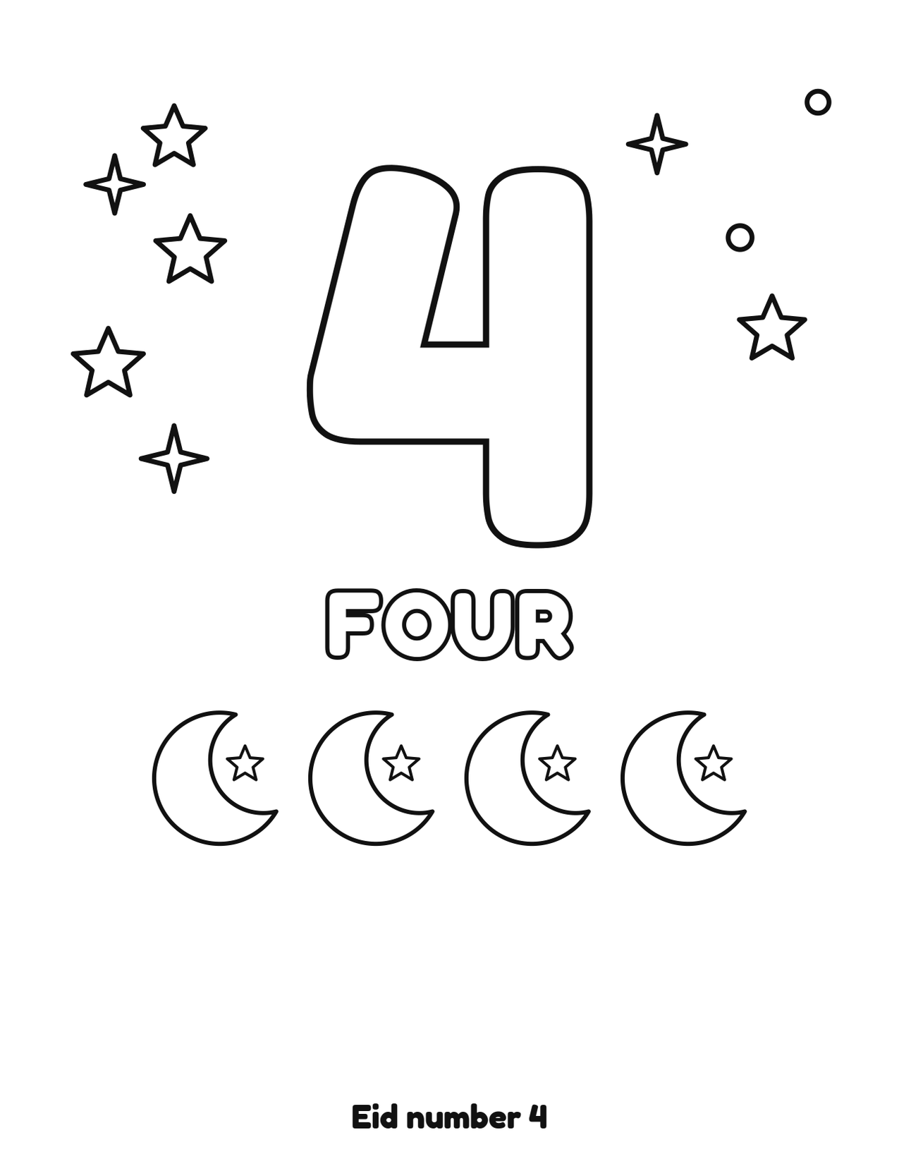 Eid number 4 (four) coloring page with 4 crescent moons and stars to color