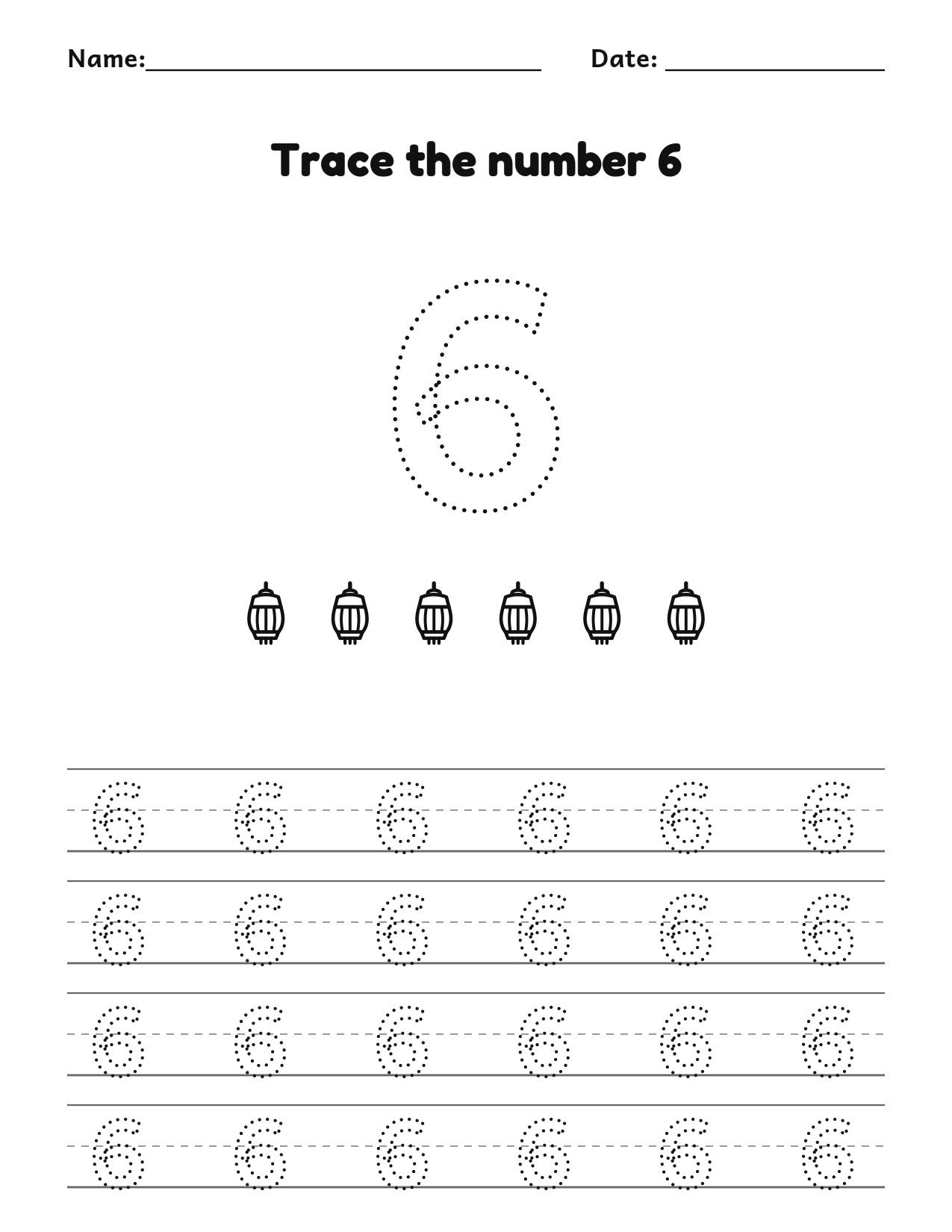 Eid number 6 (six) tracing worksheet with 6 lanterns and writing lines