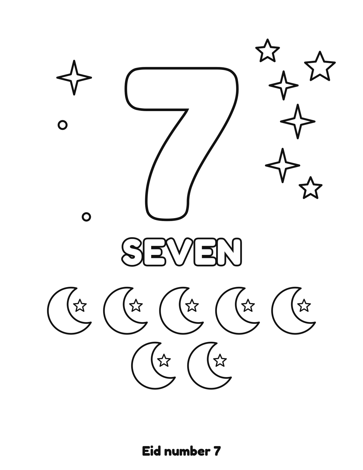 Eid number 7 (seven) coloring page with 7 crescent moons and stars to color