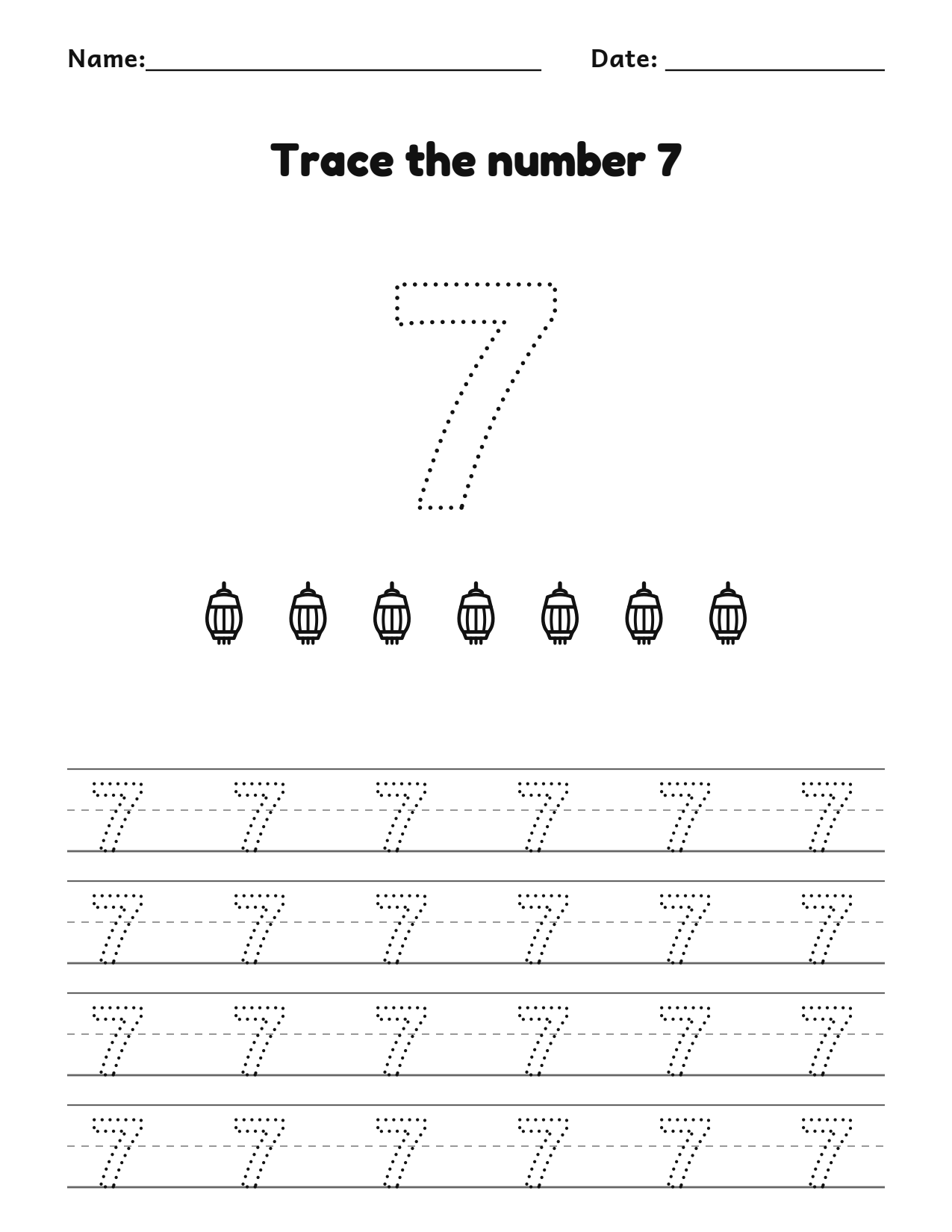 Eid number 7 (seven) tracing worksheet with 7 lanterns and writing lines
