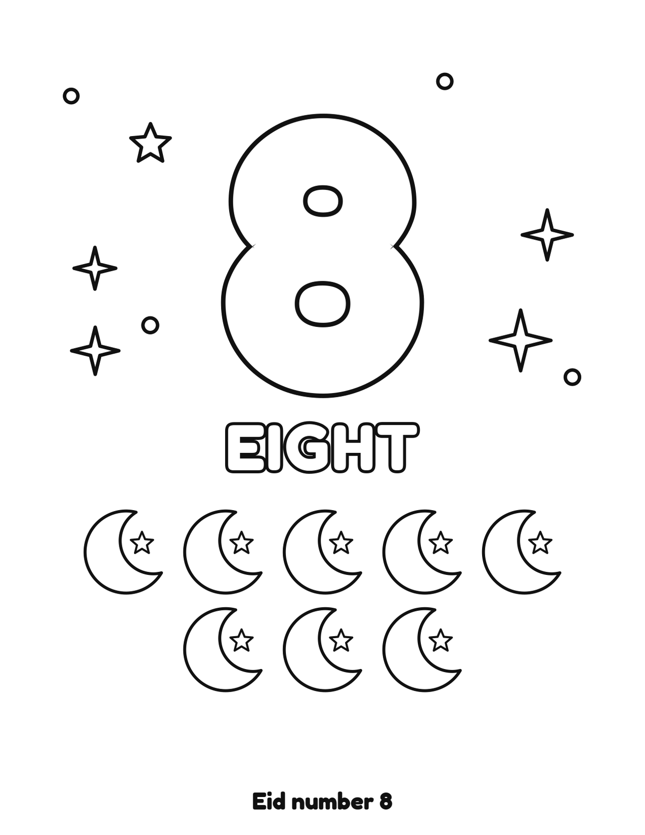 Eid number 8 (eight) coloring page with 8 crescent moons and stars to color