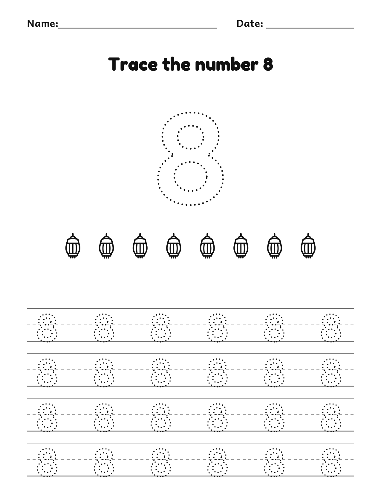 Eid number 8 (eight) tracing worksheet with 8 lanterns and writing lines