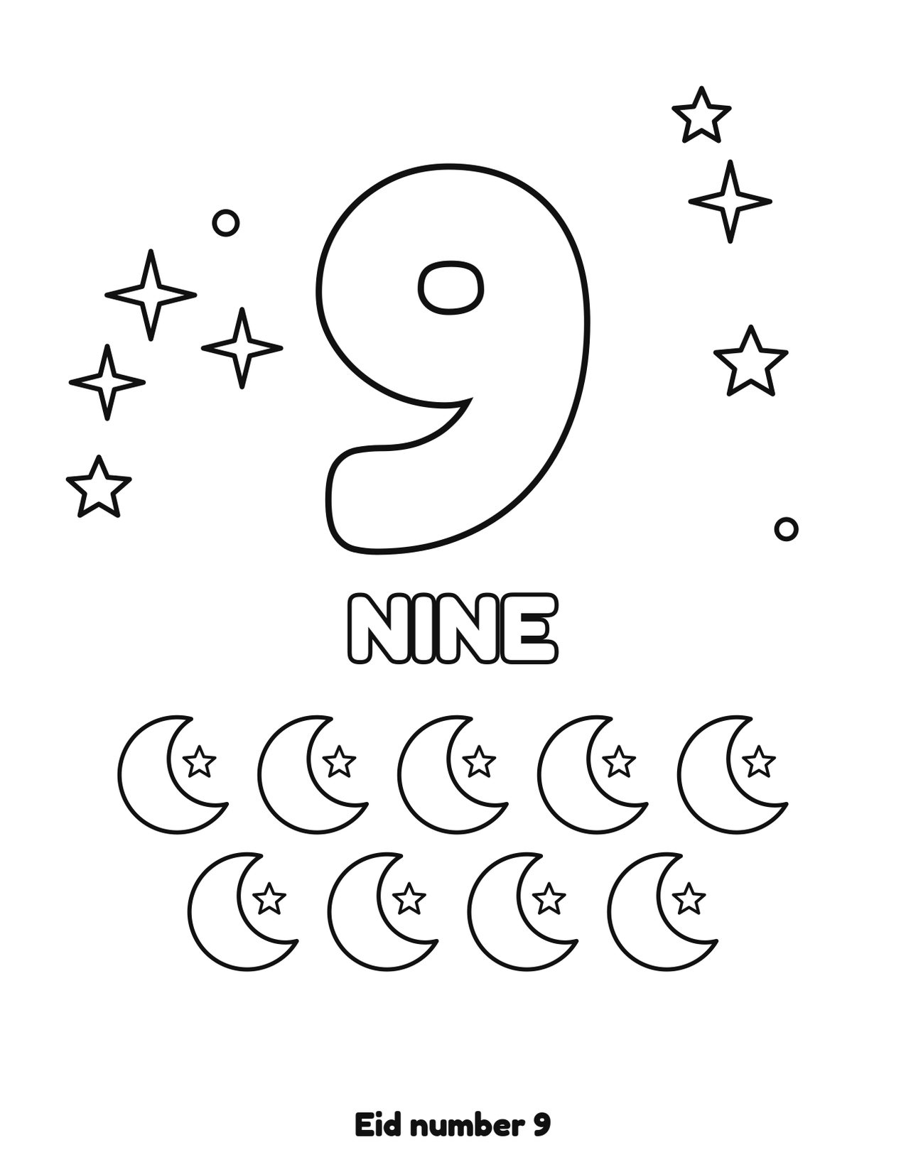 Eid number 9 (nine) coloring page with 9 crescent moons and stars to color