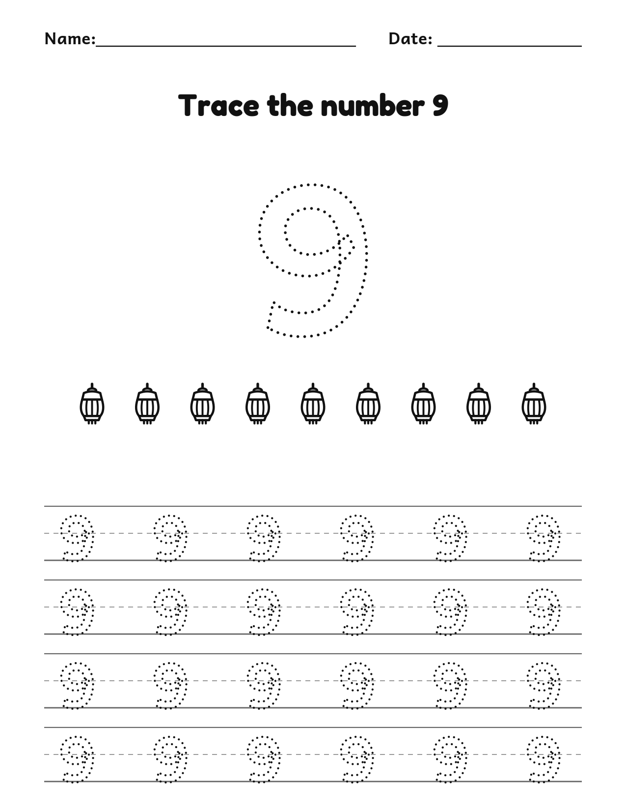 Eid number 9 (nine) tracing worksheet with 9 lanterns and writing lines