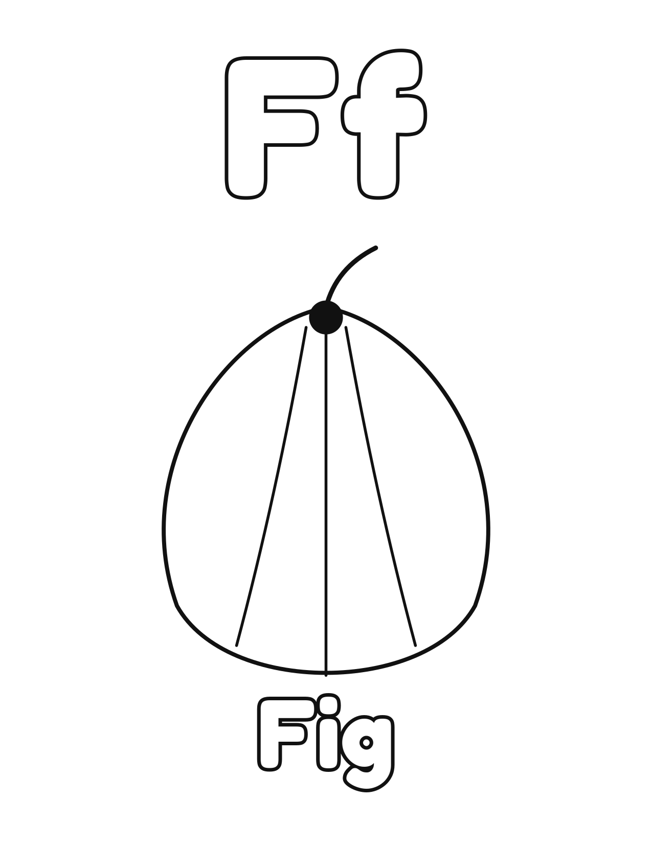 F is for Fig fruit and vegetable alphabet coloring page with fig to color