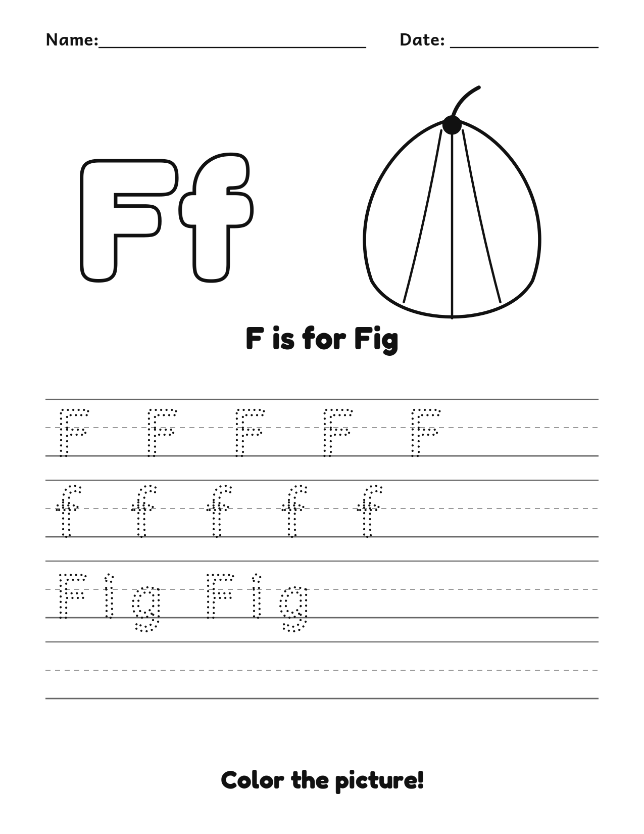 F is for Fig fruit and vegetable tracing worksheet with a fig picture and writing lines