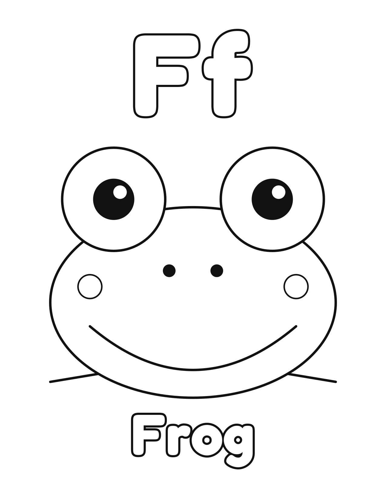 F is for Frog animal alphabet coloring page with a cute frog to color