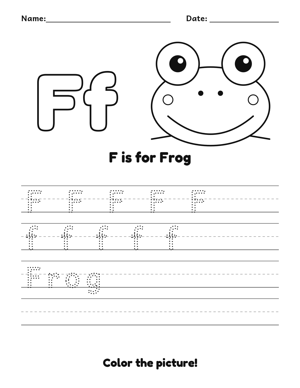 F is for Frog animal alphabet tracing worksheet with a frog picture and writing lines