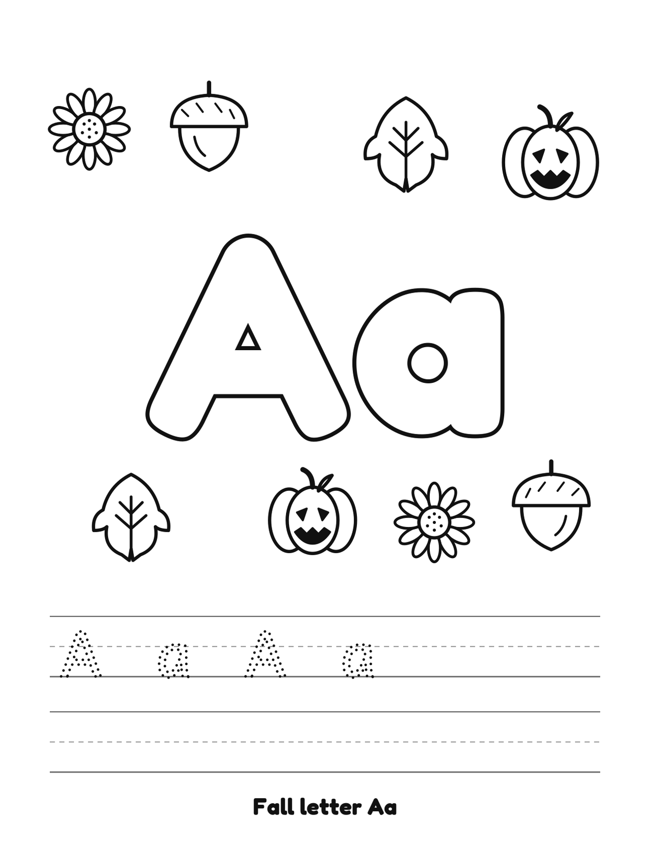 Fall letter Aa coloring and tracing page with pumpkins, leaves and acorns