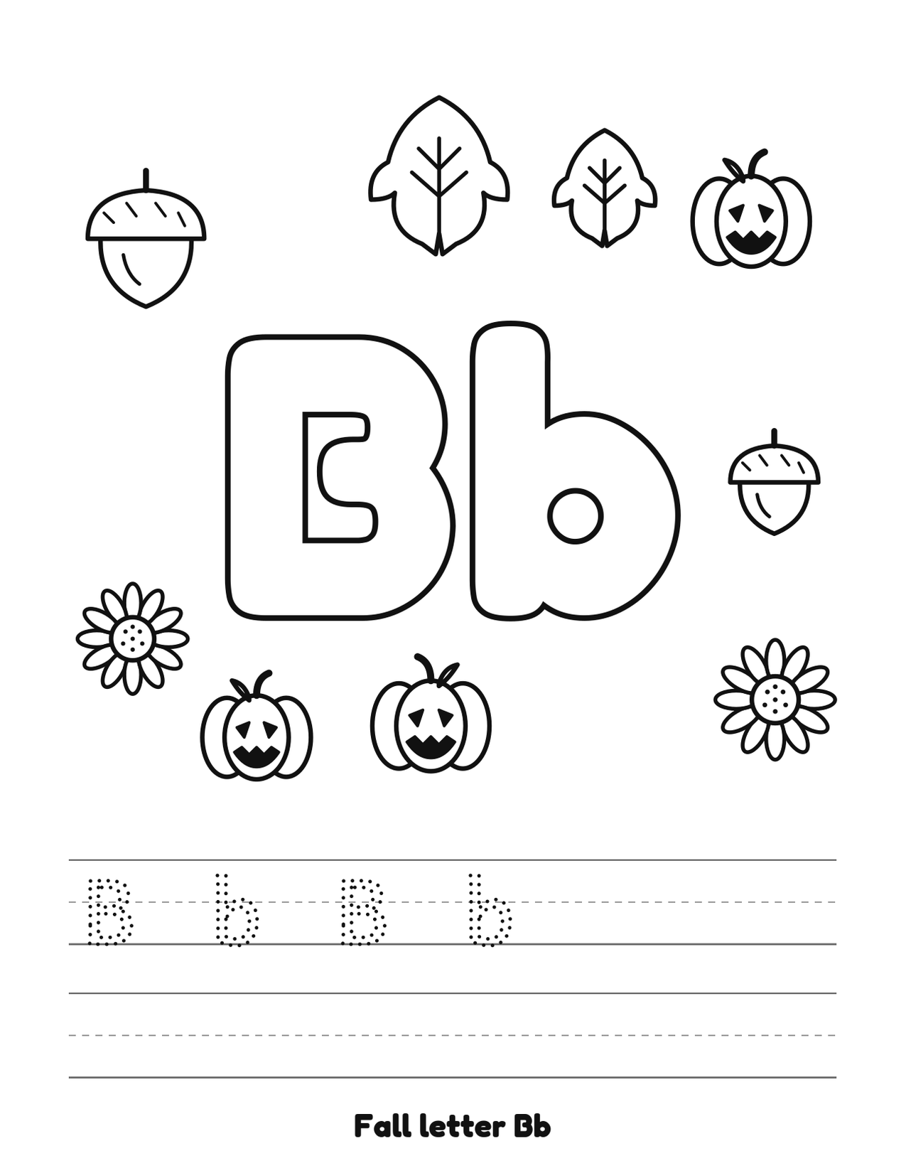 Fall letter Bb coloring and tracing page with pumpkins, leaves and acorns