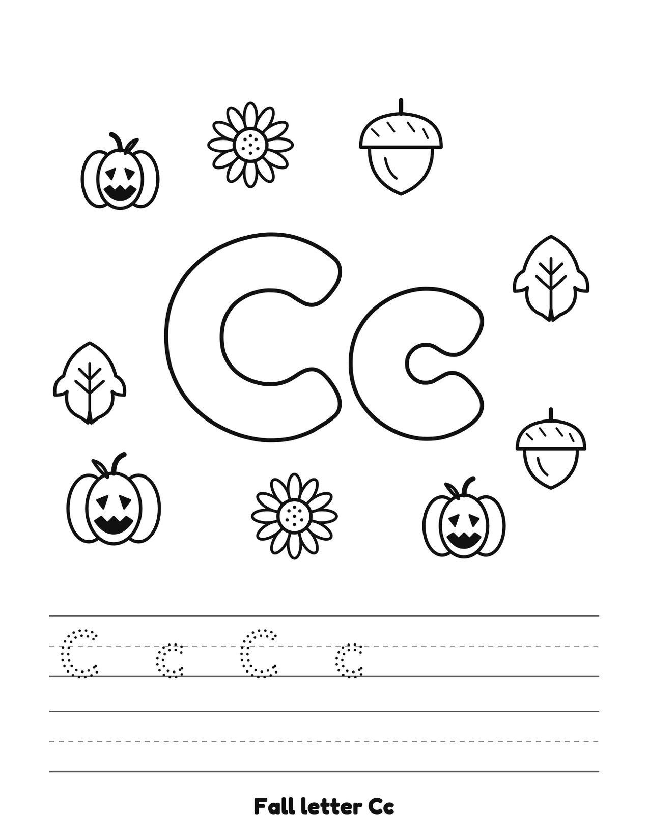Fall letter Cc coloring and tracing page with pumpkins, leaves and acorns