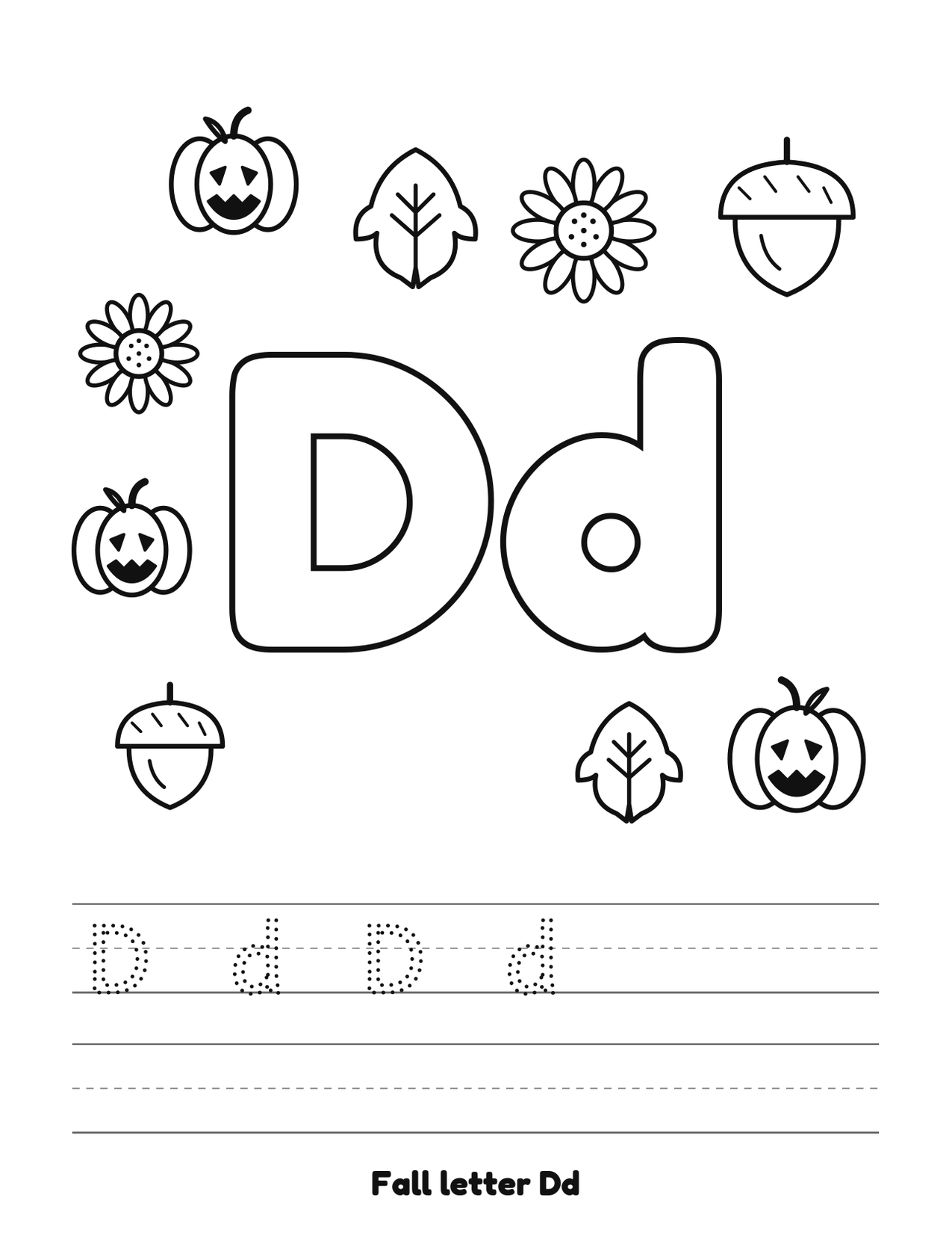 Fall letter Dd coloring and tracing page with pumpkins, leaves and acorns