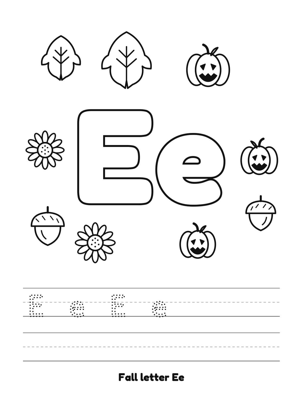 Fall letter Ee coloring and tracing page with pumpkins, leaves and acorns