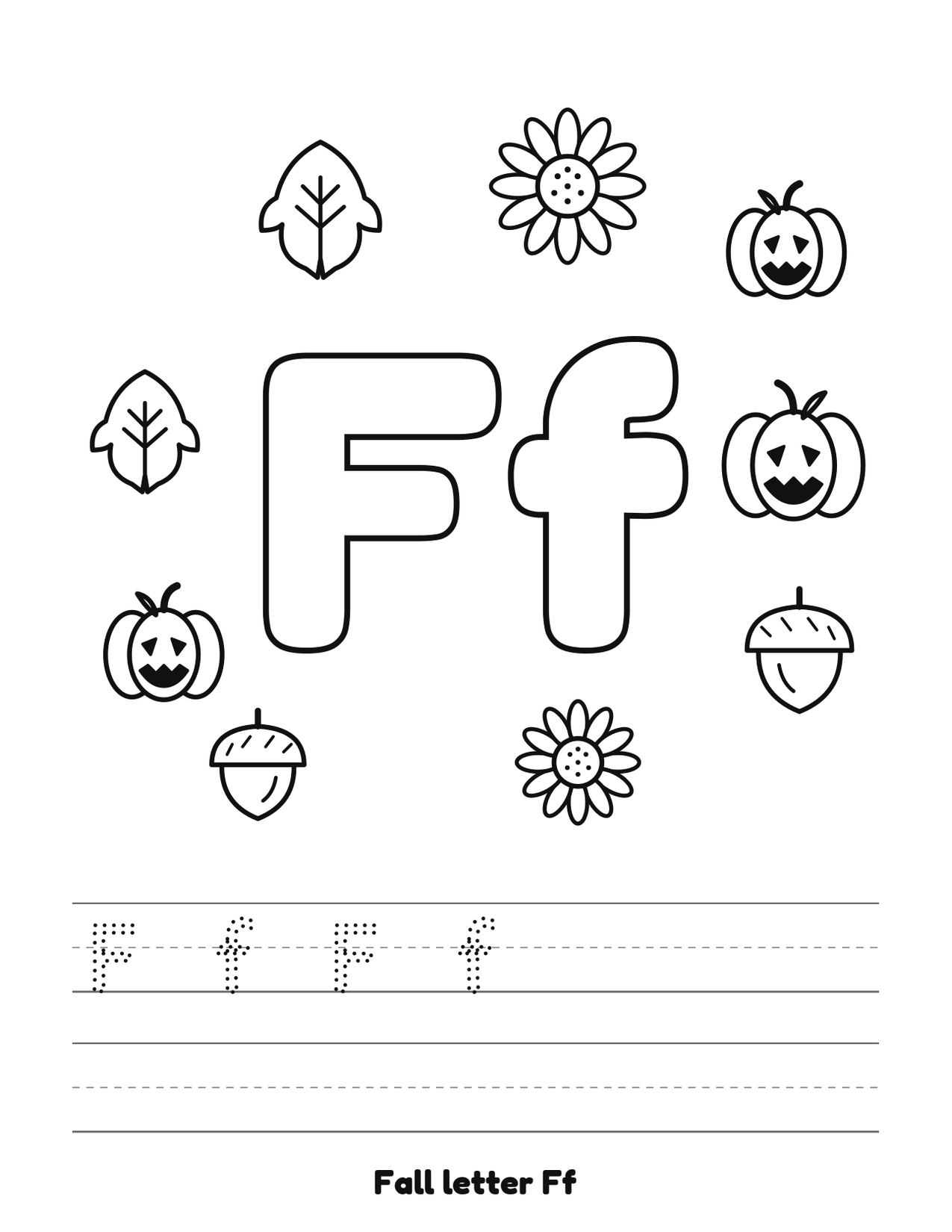 Fall letter Ff coloring and tracing page with pumpkins, leaves and acorns