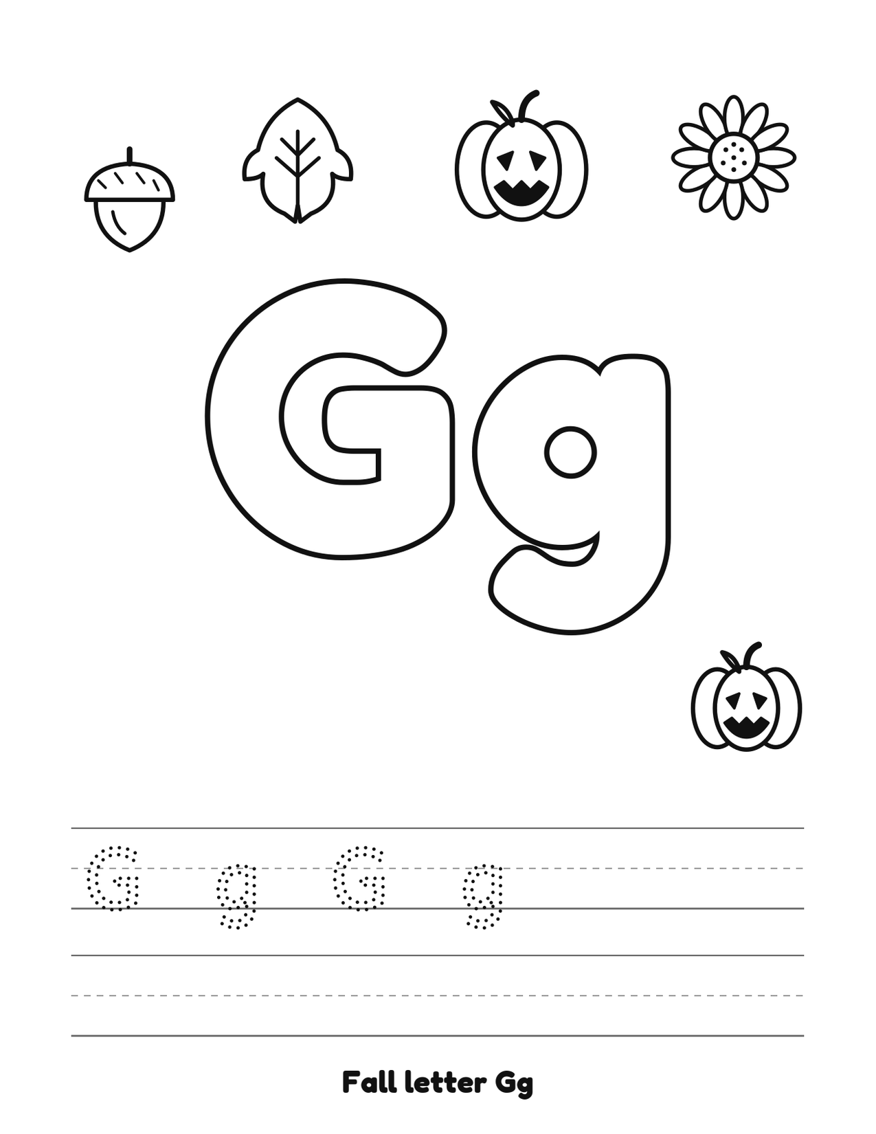 Fall letter Gg coloring and tracing page with pumpkins, leaves and acorns